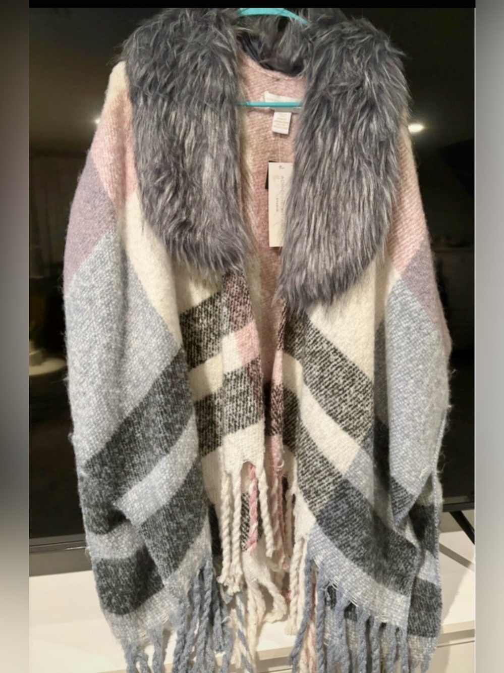 Adrienne Vittadini Plaid Fringe Open-Front Poncho w/Faux Fur Collar - One Size